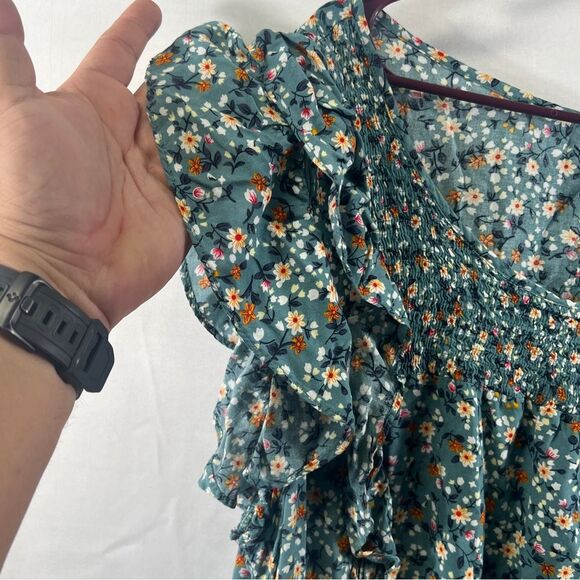 Kori Teal Floral Ruffle Babydoll Blouse 0721 - Picture 6 of 14